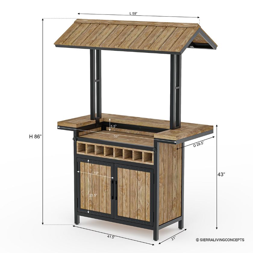 Leaside Teak Wood Outdoor Tiki Bar Table with Storage Dimension Image