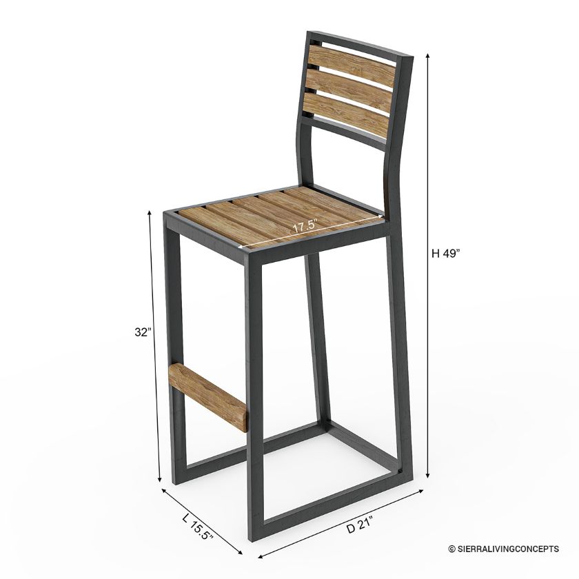 Leaside Industrial Teak Wood Outdoor Bar Chair Dimension Image