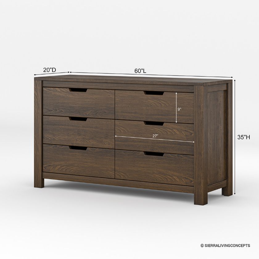 Beaver Rustic Solid Wood 6 Drawer Dresser for Bedroom Dimension Image