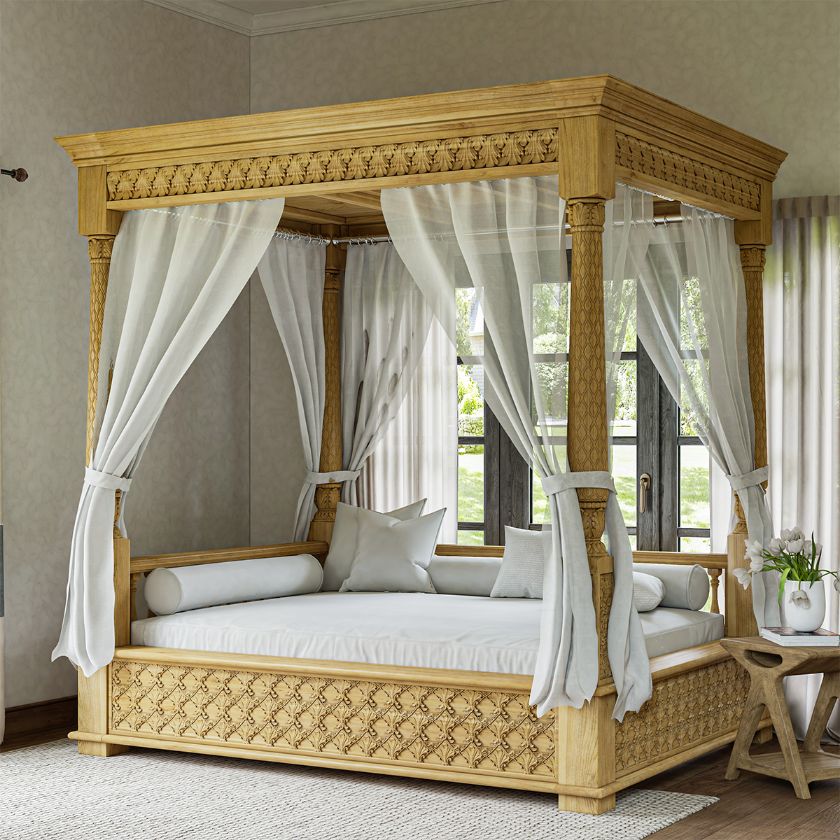 Picture of Weston Teak Wood Hand Carved Outdoor Daybed with Canopy