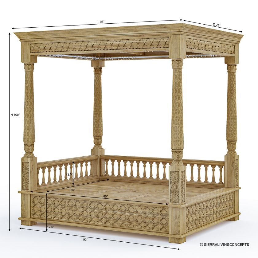 Weston Teak Wood Hand Carved Outdoor Daybed with Canopy Dimension Image