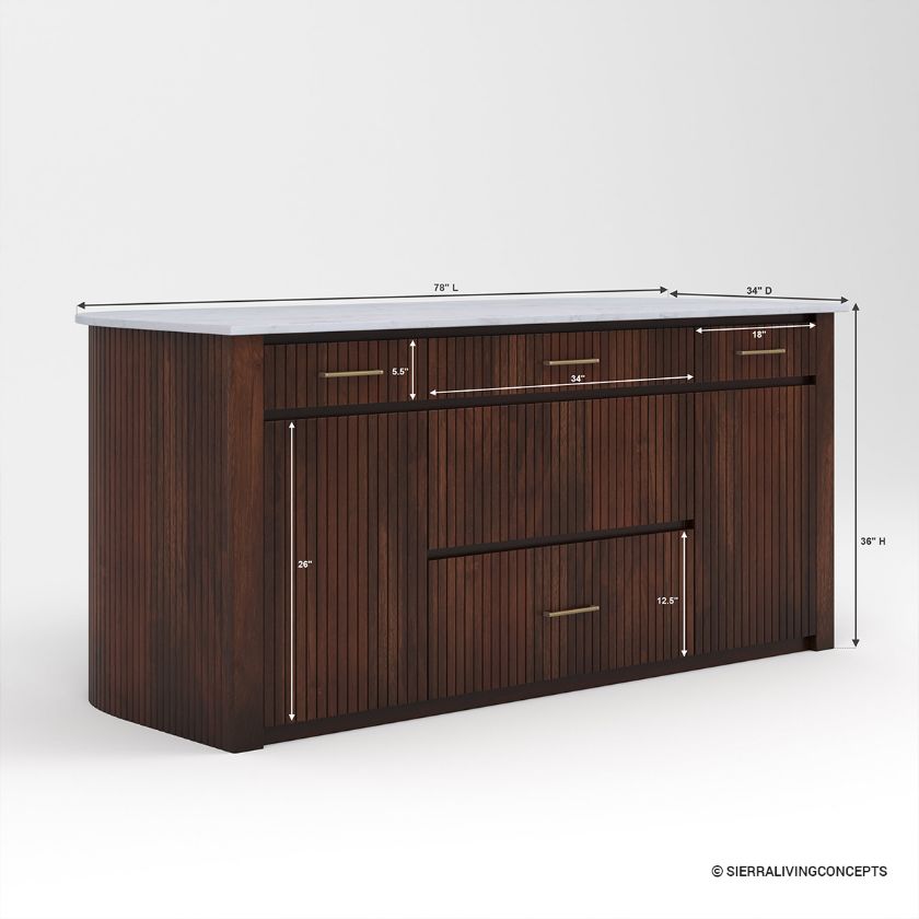 Agincourt Curved Marble Top Kitchen Island with Drawers  Dimension Image