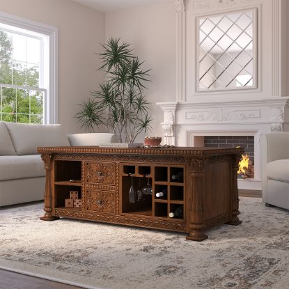 Picture of Amesbury Hand Carved Solid Wood Coffee Table with Storage & Wine Rack