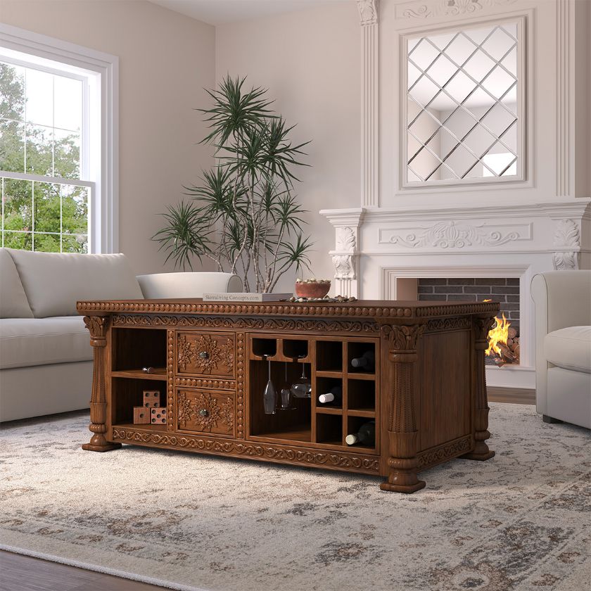 Picture of Amesbury Hand Carved Solid Wood Coffee Table with Storage & Wine Rack