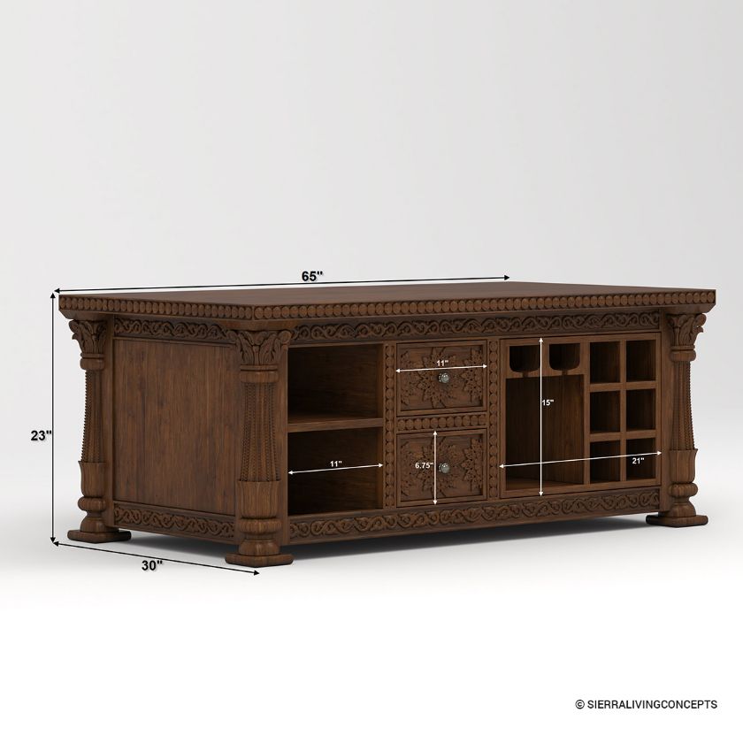 Amesbury Hand Carved Solid Wood Coffee Table with Storage & Wine Rack Dimension Image