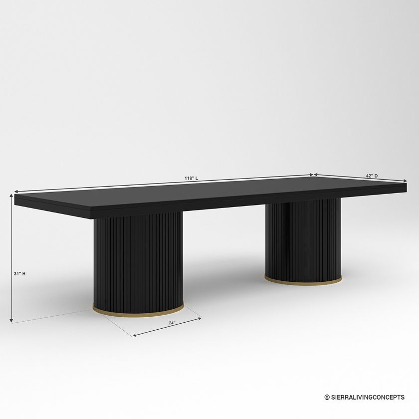 Nicola Black Modern Fluted Base Rectangle Dining Room Table Dimension Image
