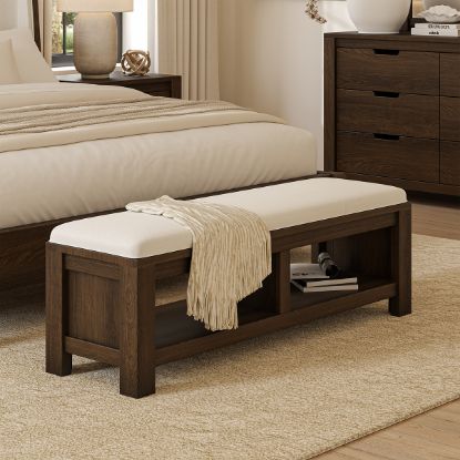 Picture of Beaver Rustic Wood Upholstered Bedroom Bench with Storage
