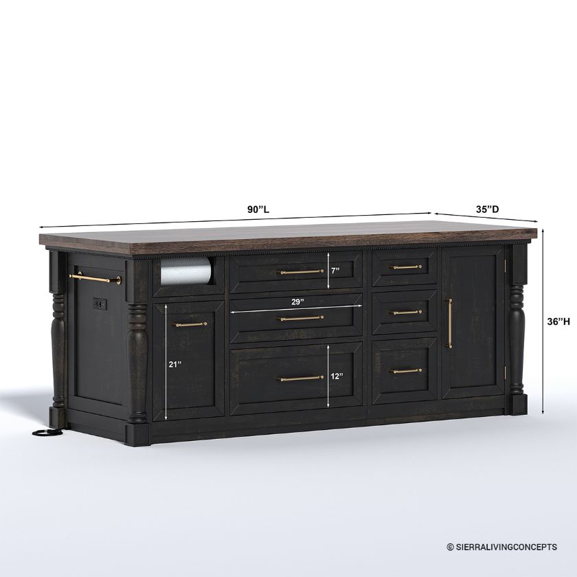 Beloeil Distressed Black Kitchen Island with Trash Bin Storage Dimension Image