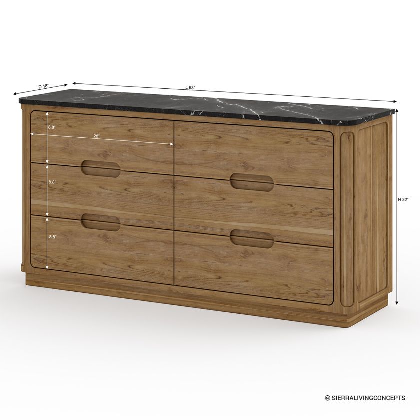 Brant Scandi Modern Black Marble Top Dresser with 6 Drawers Dimension Image