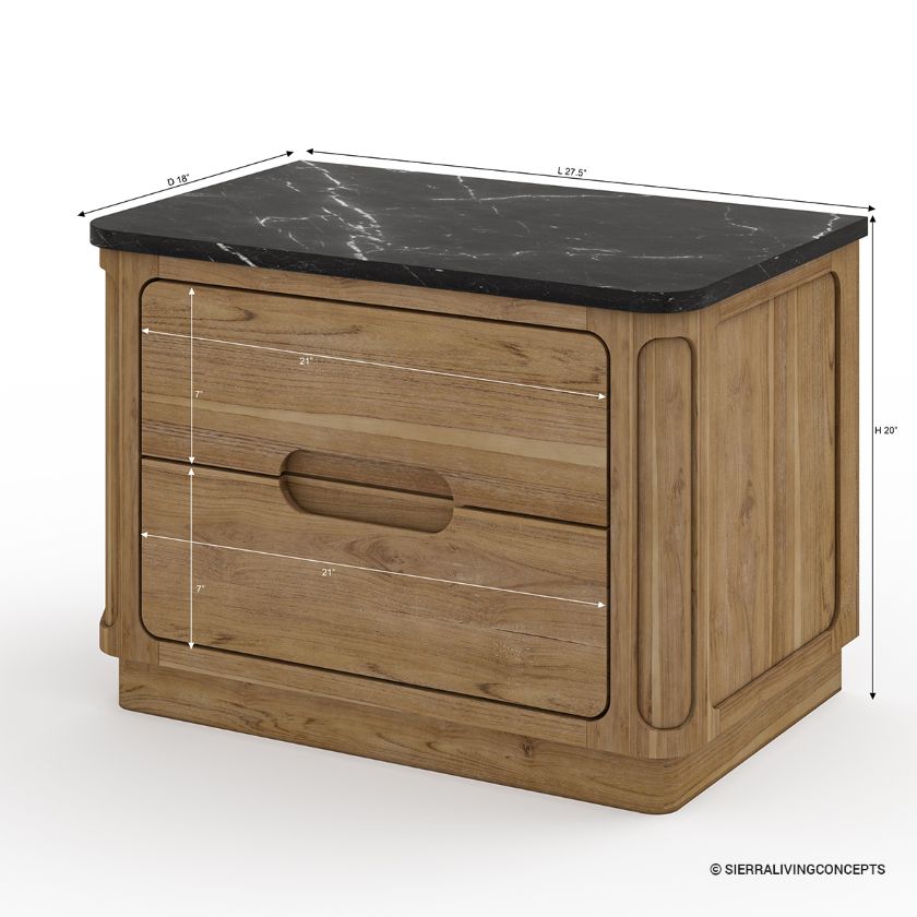 Brant Scandi Modern Black Marble Top Nightstand with Drawers Dimension Image