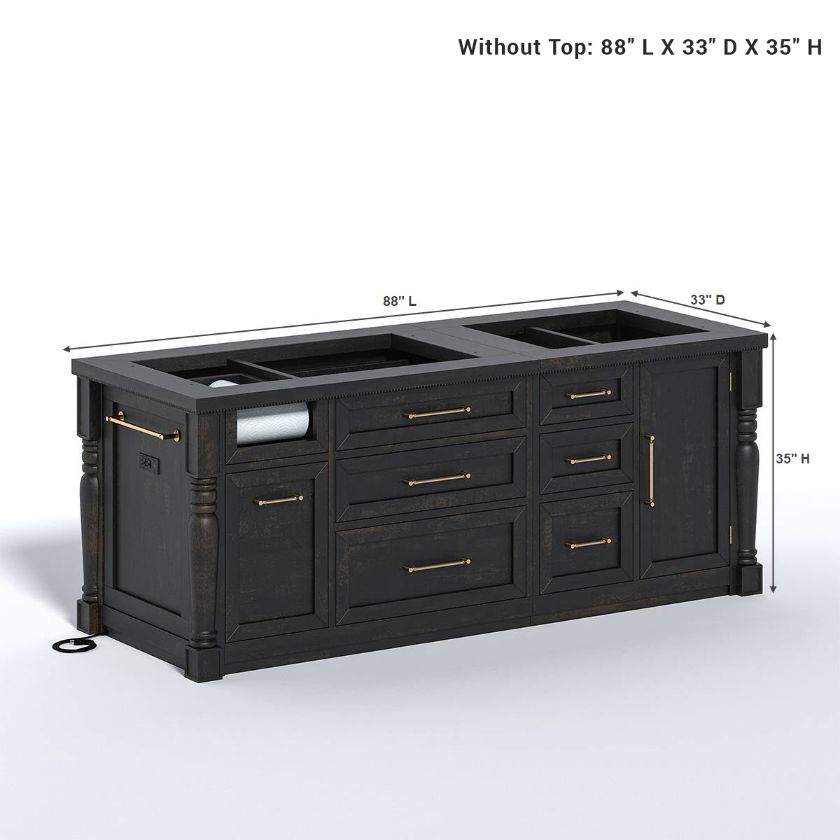 Beloeil Distressed Black Kitchen Island with Trash Bin Storage Size Image