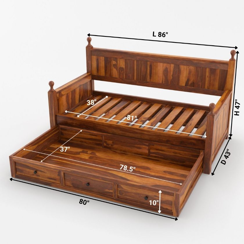 Lucerne Solid Wood Daybed with Trundle Storage Size Image