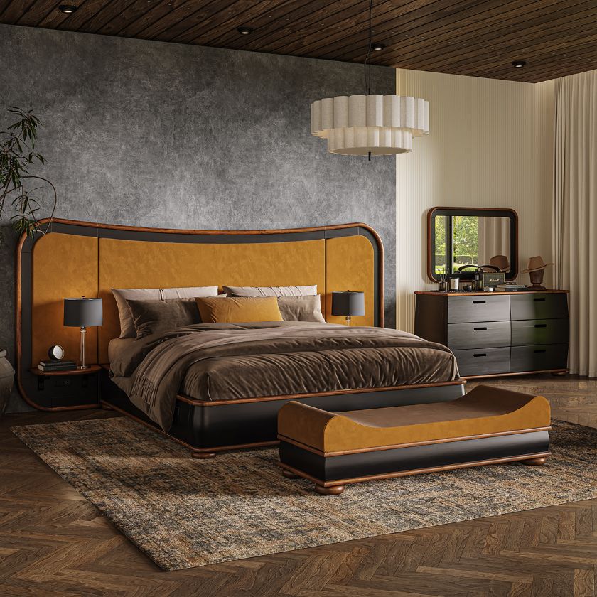 Picture of Amos Wood & Velvet Luxe Modern 3 Piece Bedroom Set