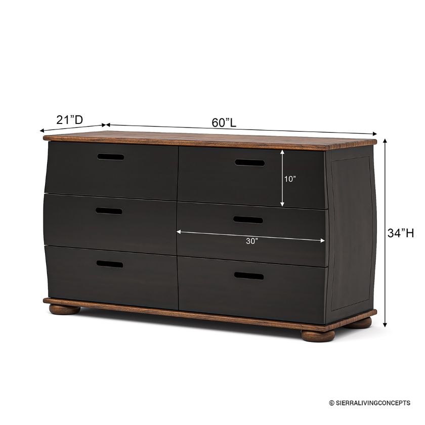Amos Curved Front 6 Drawer Black Dresser for Bedroom Dimension Image