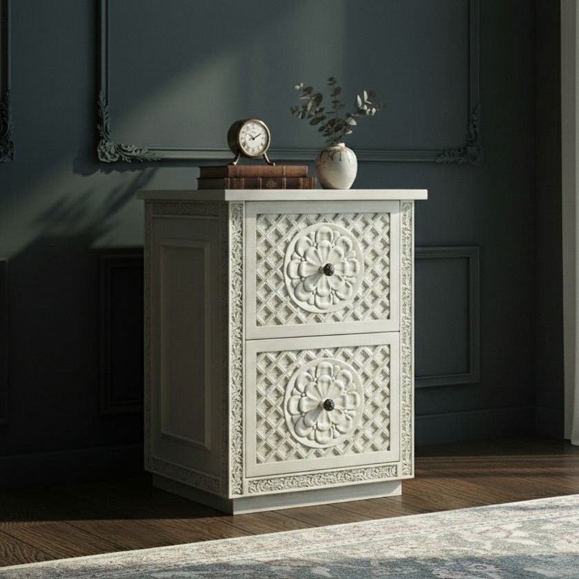 Picture of Nuala Hand Carved Weathered White Office File Cabinet
