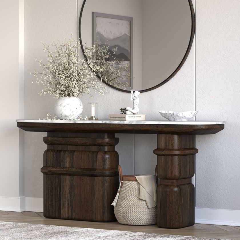 Picture of Melfort Solid Wood Sculptural Console Table with Marble Top