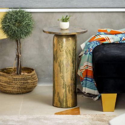 Picture of Dorval Cylindrical Shape Distressed Gold Metal Accent Table
