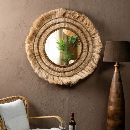 Picture of Cowansville Abaca with Banana Leaf Round Boho Mirror 
