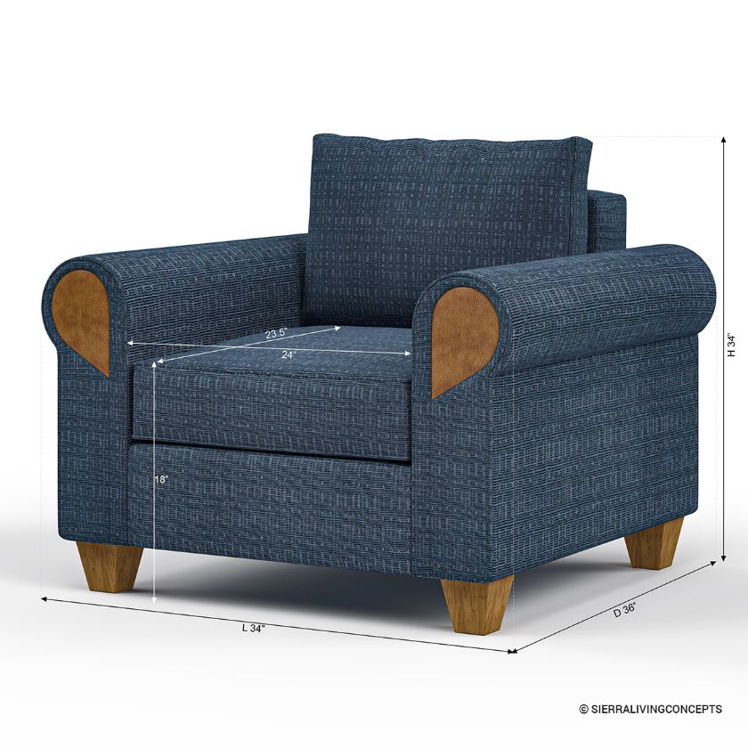 Squamish Modern Blue Rolled Arm Single Seater Sofa Dimension Image