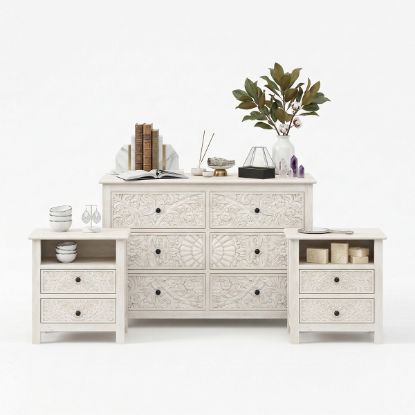 Picture of Calistoga Carved White Bedroom Dresser and Nightstand Set