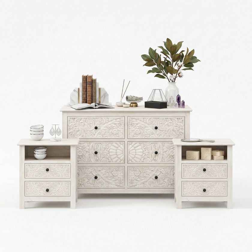 Picture of Calistoga Carved White Bedroom Dresser and Nightstand Set