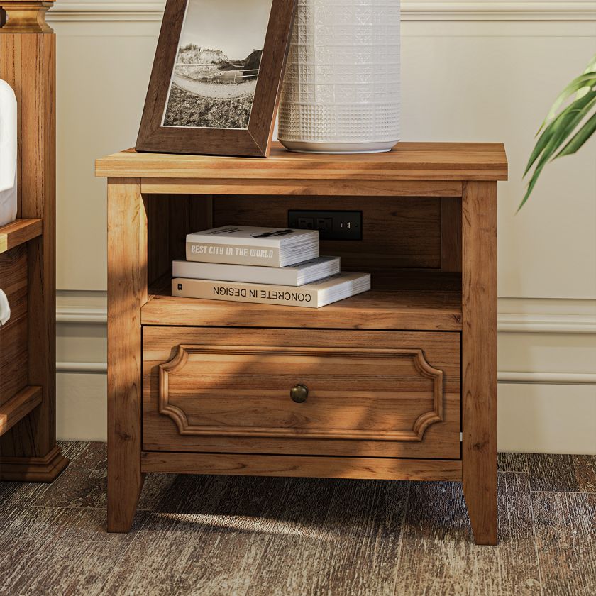 Picture of Milipitas Solid Wood Nightstand with Drawer & Power Outlet