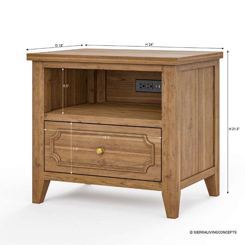 Milipitas Solid Wood Nightstand with Drawer & Power Outlet Dimension Image
