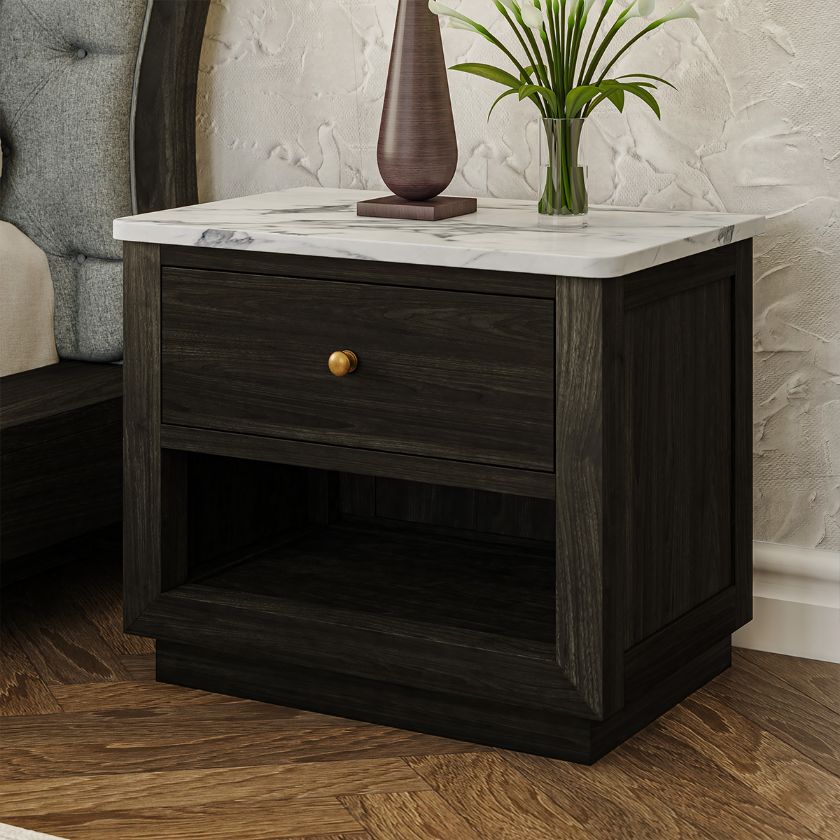 Picture of Timmins Rustic Marble Top Nightstand with Drawer and Shelf