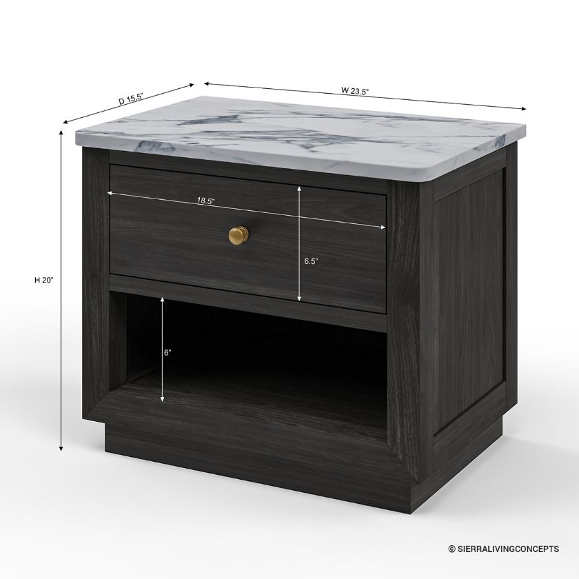Timmins Rustic Marble Top Nightstand with Drawer and Shelf Dimension Image