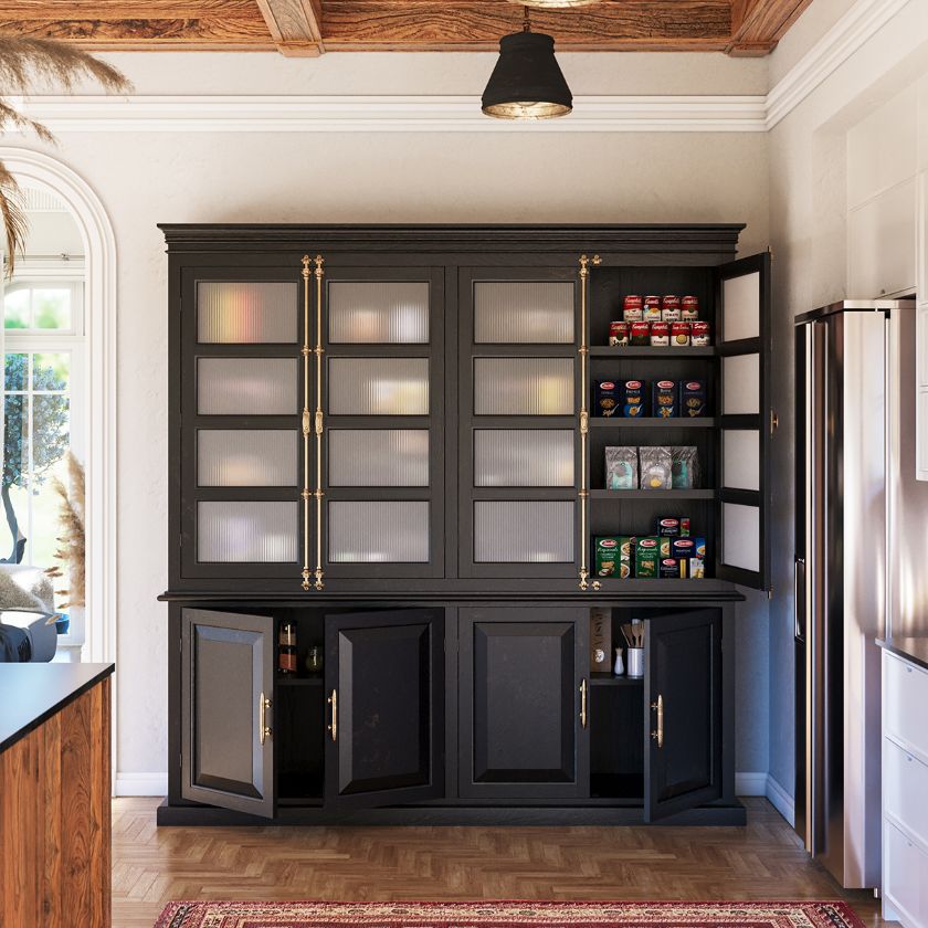 Picture of Tampa Distressed Black Glass Door Freestanding Kitchen Pantry Cabinet