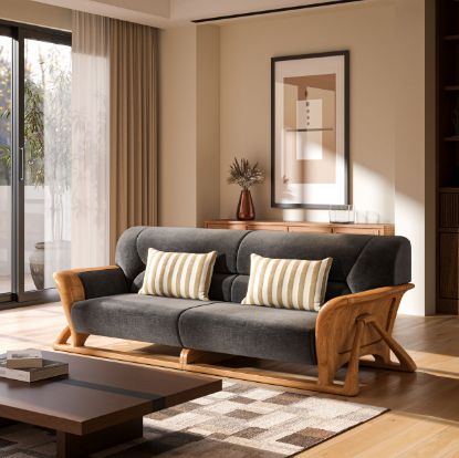 Picture of Pierre Wood & Velvet Mid Century Scandinavian Three Seater Sofa