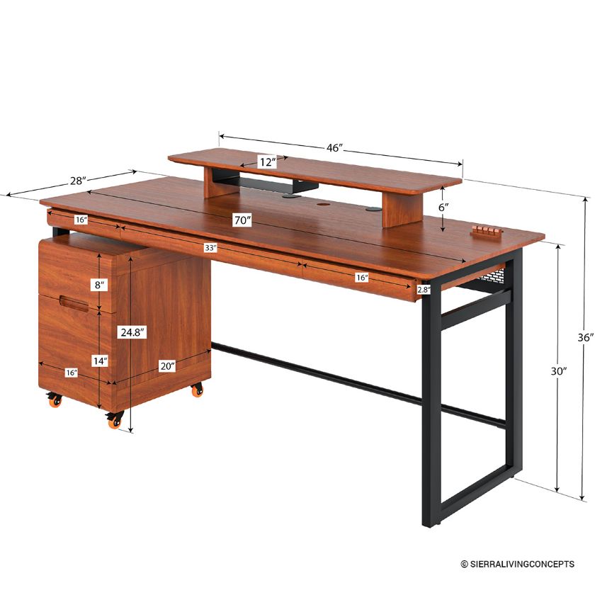 Fargo Industrial Home Office Computer Desk with File Cabinet Dimension Image