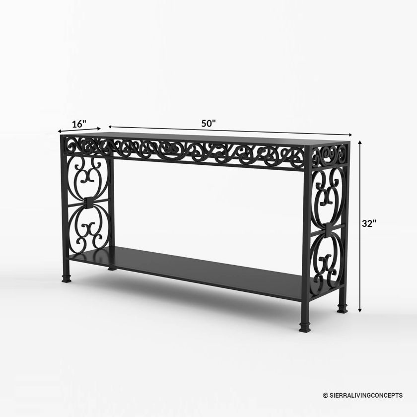 Appenzell Vintage Wrought Iron Black Console Table Size Image