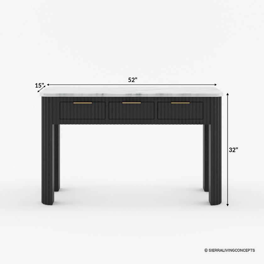 Rome Marble Top Fluted Modern Black Console Table with Drawers Size Image