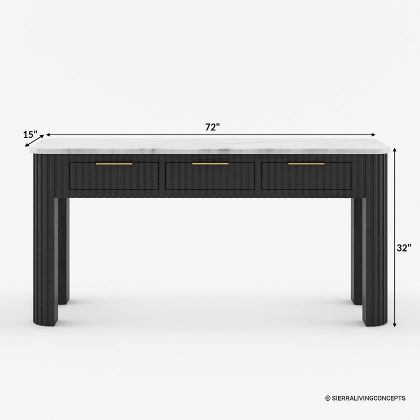 Rome Marble Top Fluted Modern Black Console Table with Drawers Size Image