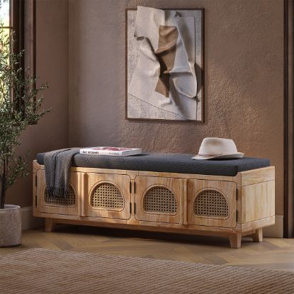 Picture of Norfolk Wood & Rattan Upholstered Entryway Bench with Storage