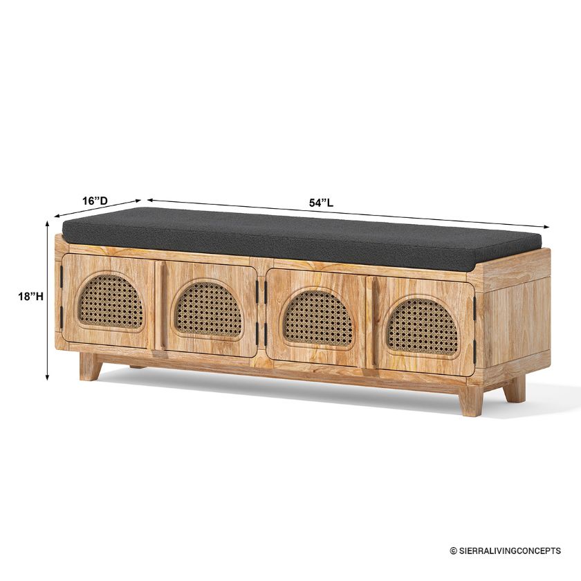 Norfolk Wood & Rattan Upholstered Entryway Bench with Storage Dimension Image