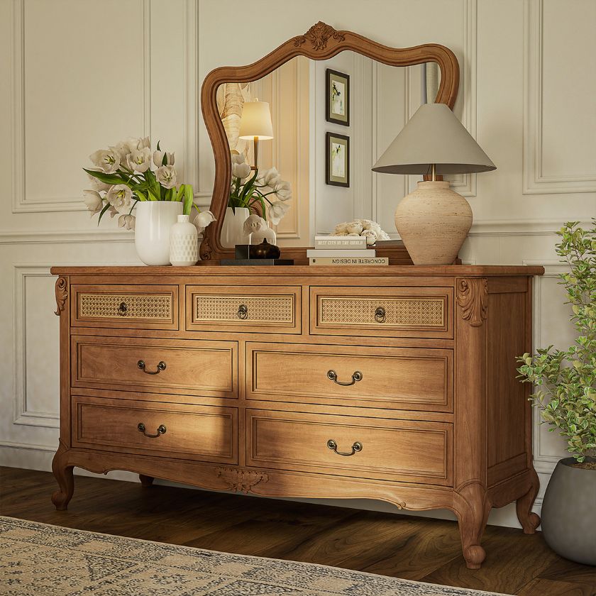 Picture of Gilbert French Provincial Wood & Rattan 7 Drawer Dresser