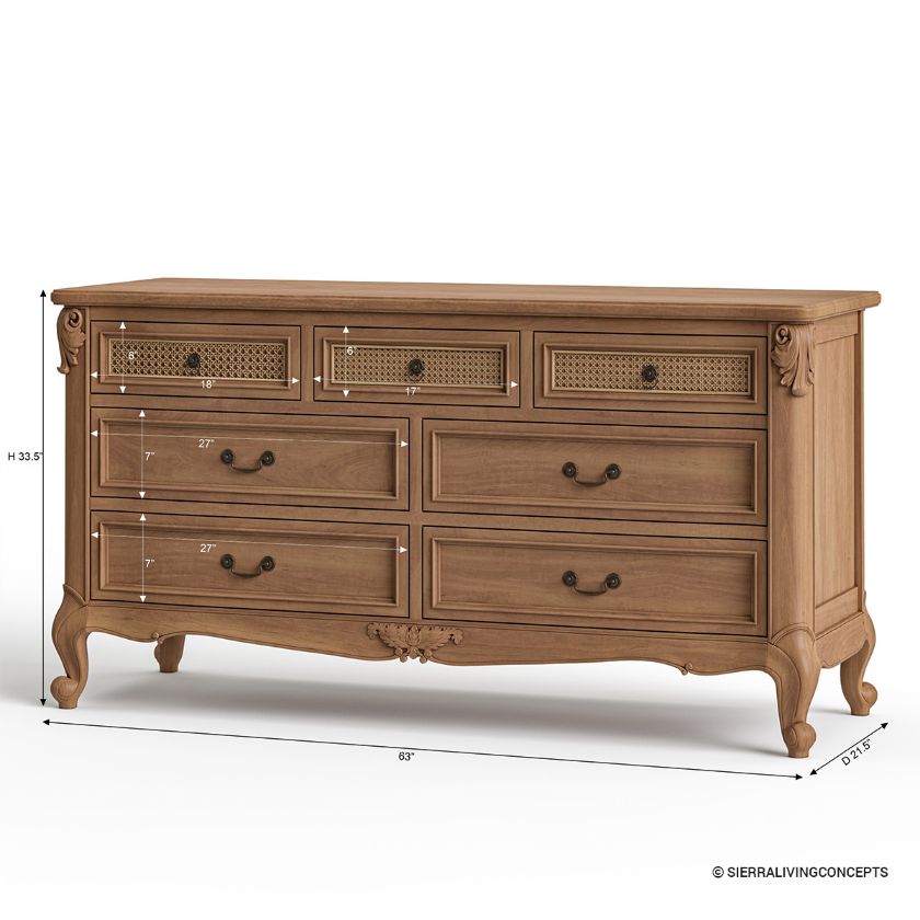Gilbert French Provincial Wood & Rattan 7 Drawer Dresser Dimension Image