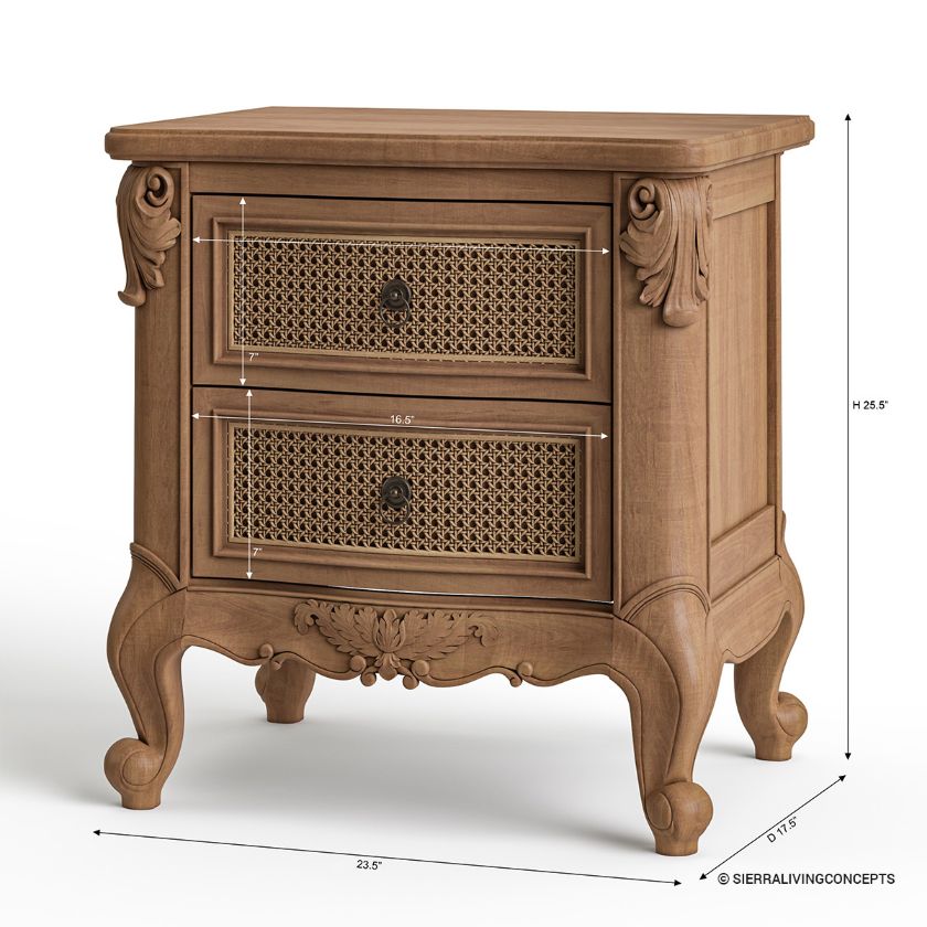 Gilbert French Provincial Rattan & Wood 2 Drawer Nightstand Dimension Image