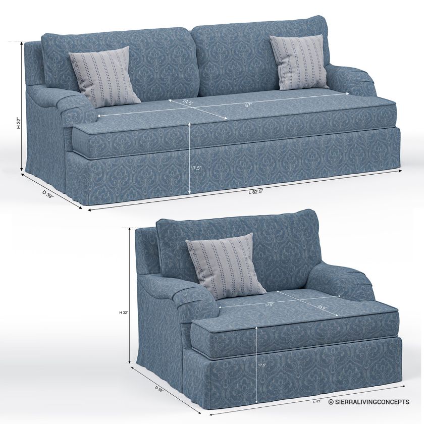 Augusta Patterned Skirted 3 Piece Sofa Set for Living Room Dimension Image