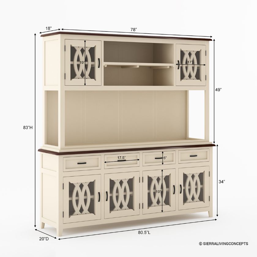Carrollton Two Tone Mahogany Wood Dining Room Kitchen Hutch Dimension Image