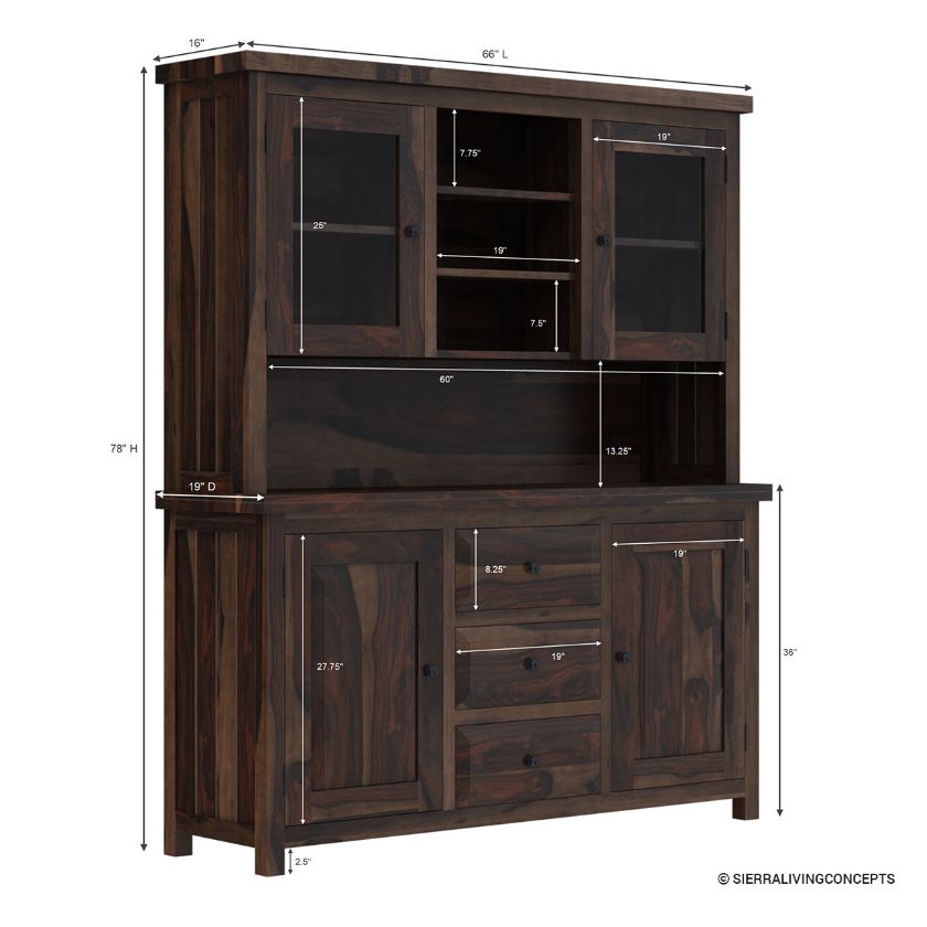 El Paso Solid Wood Dining Room Hutch with Glass Door Dimension Image