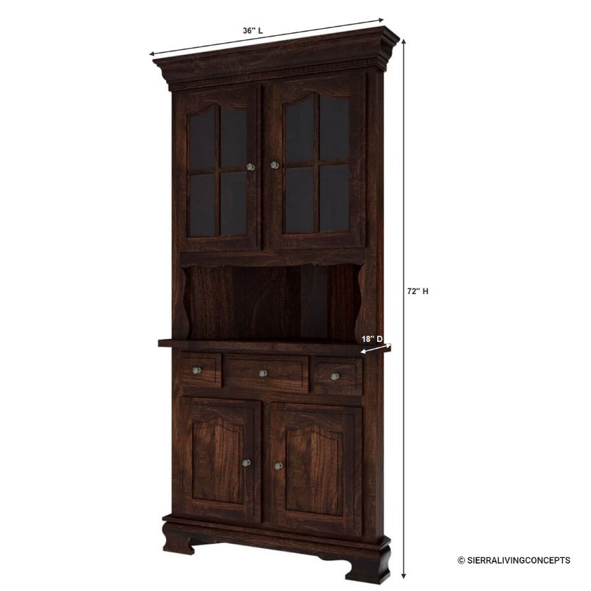 Carlinville Rustic Solid Wood Glass Door Corner Hutch Dimension Image