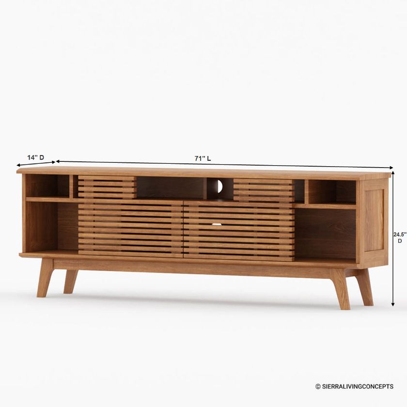 Hackney Slatted Slider Teak Wood Mid-Century Modern Media Console (71