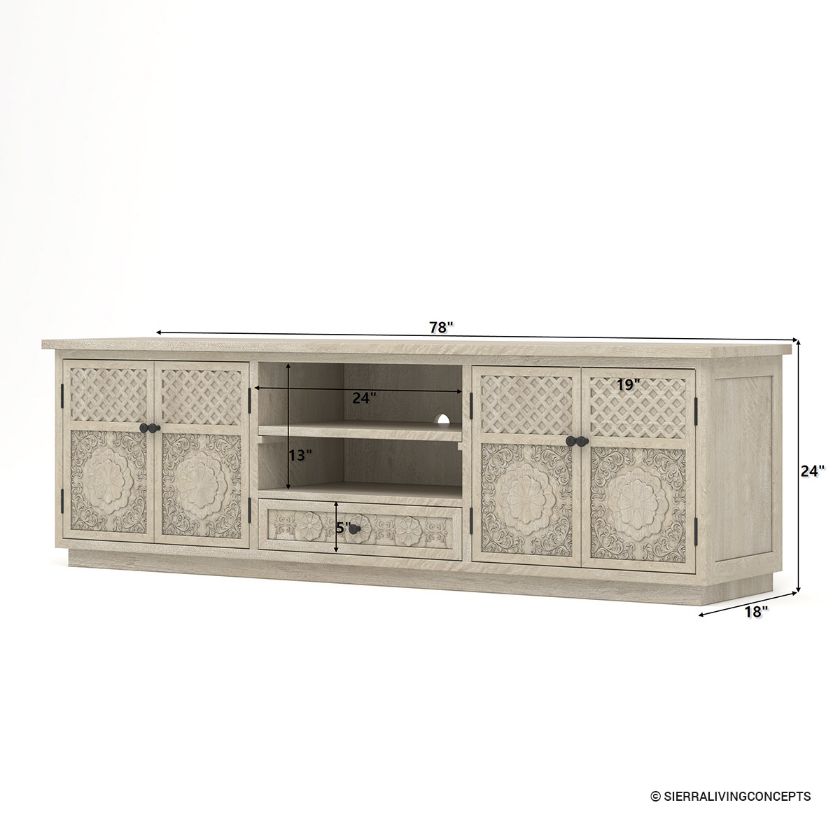 Nuala Solid Wood Hand Carved Weathered White TV Media Console (78”) Dimension Image