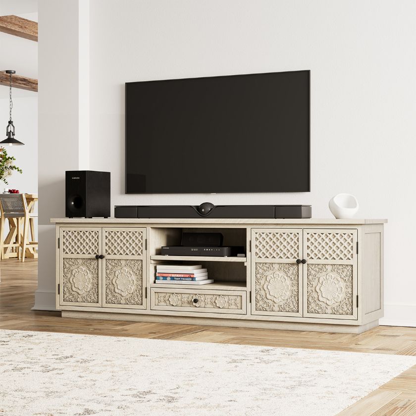 Picture of Nuala Solid Wood Hand Carved Weathered White TV Media Console (78”)