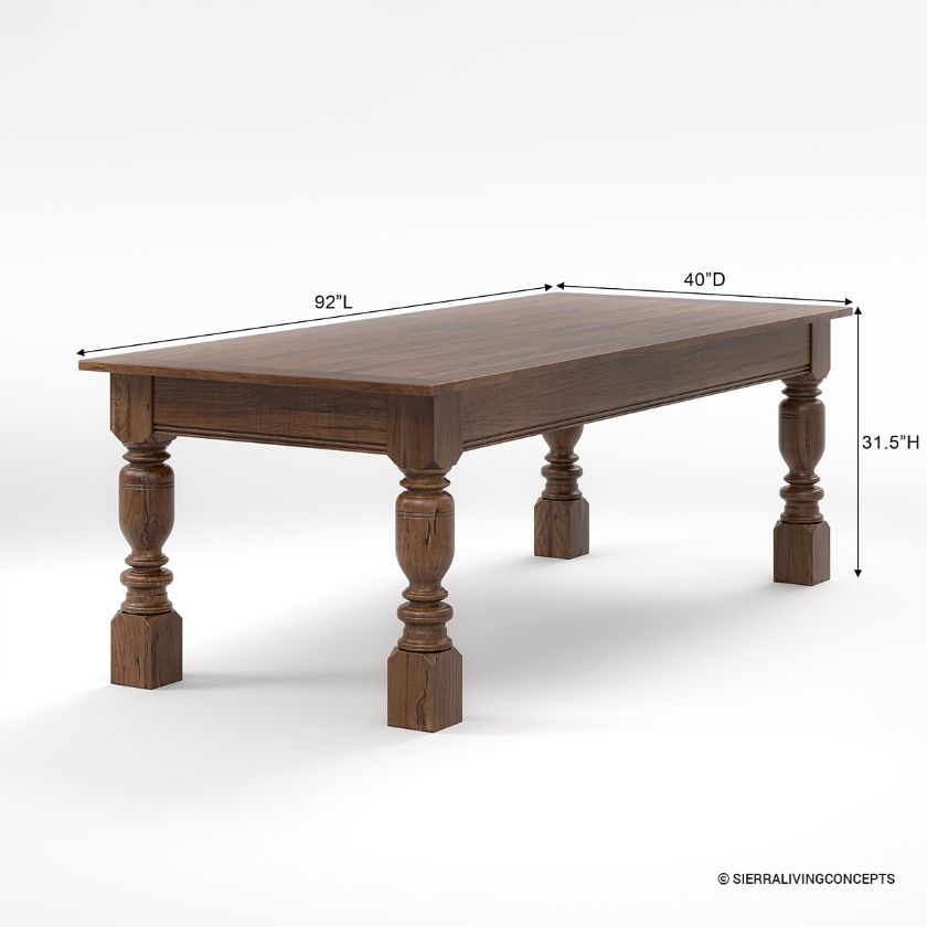 Adelanto Rustic Dark Teak Wood Rectangle Dining Table Dimension Image