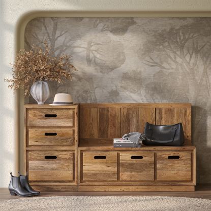 Picture of Flint Farmhouse Style Solid Wood Entryway Bench with Storage