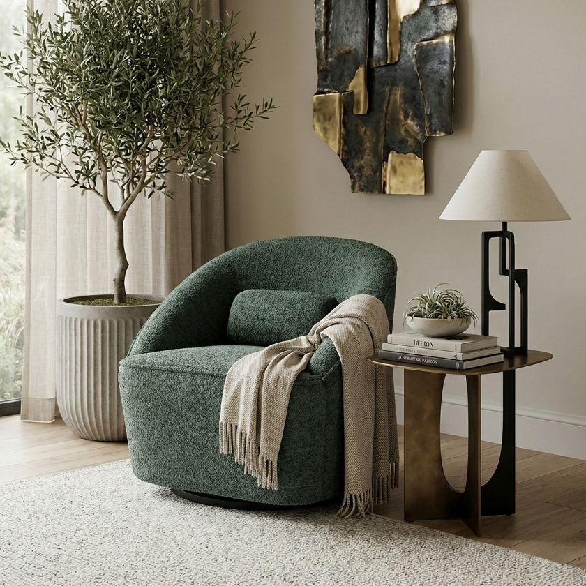 Picture of Marieville Modern Boucle Dark Green Swivel Accent Armchair